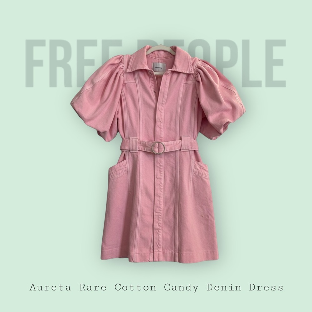 Aureta Free People Studio Celia Denim Mini Dress iCandy Belted Pink Large Rare